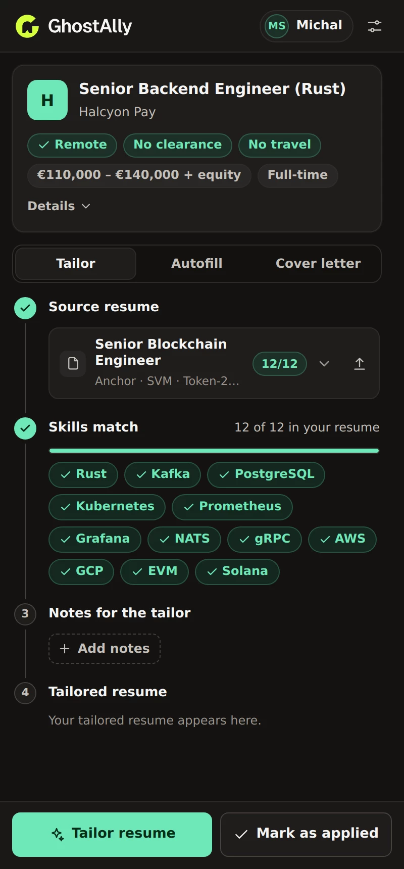 Apply Helper side panel: the job is detected, 12 of 12 skills match the selected resume, with Tailor resume and Mark as applied buttons