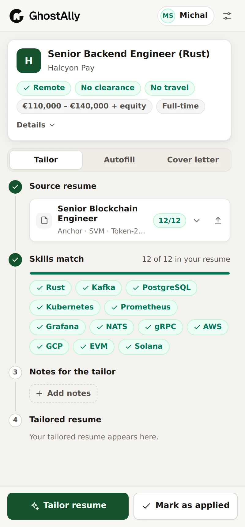 Apply Helper side panel: the job is detected, 12 of 12 skills match the selected resume, with Tailor resume and Mark as applied buttons